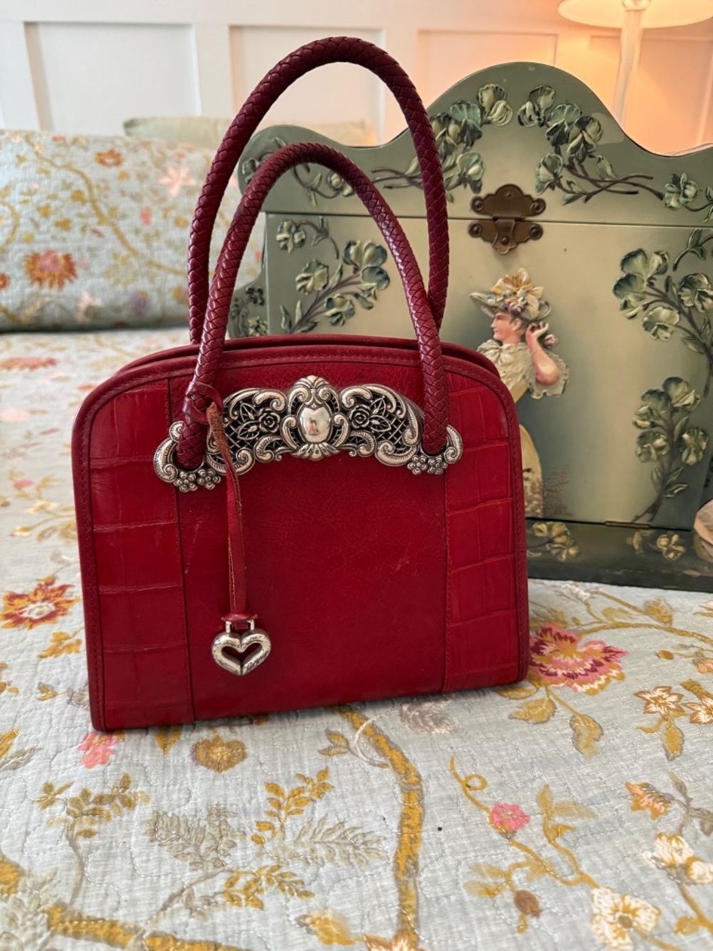 Brighton Red Braided-Handle Satchel with Heart Charm